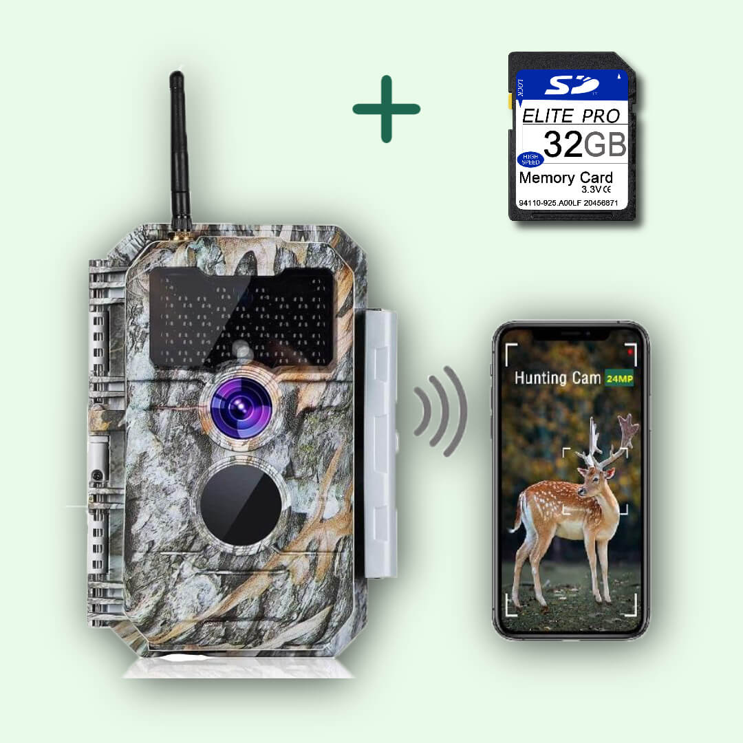 Bundle Wifi Wildlife Camera Trail Camera with Night Vision Motion Activated 0.5S Trigger Speed 32MP 1296P IP66 Waterproof Scouting Cam for & Hunting Wildlife+32GB SD Card