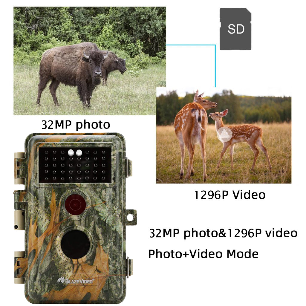 Wildlife Trail Camera with 32MP 1296P No Glow Night Vision Motion Activated 0.3S Trigger Speed IP66 Waterproof for Hunting & Wildlife Observing | A252