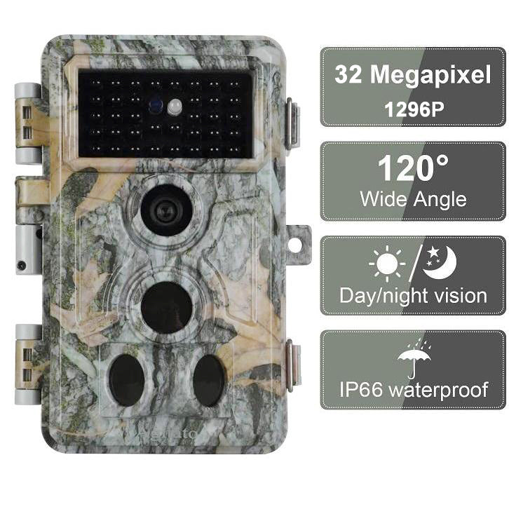 Wildlife Trail Camera with No Glow Night Vision 0.1S Trigger Motion Activated 32MP 1296P IP66 Waterproof for Hunting  | A262