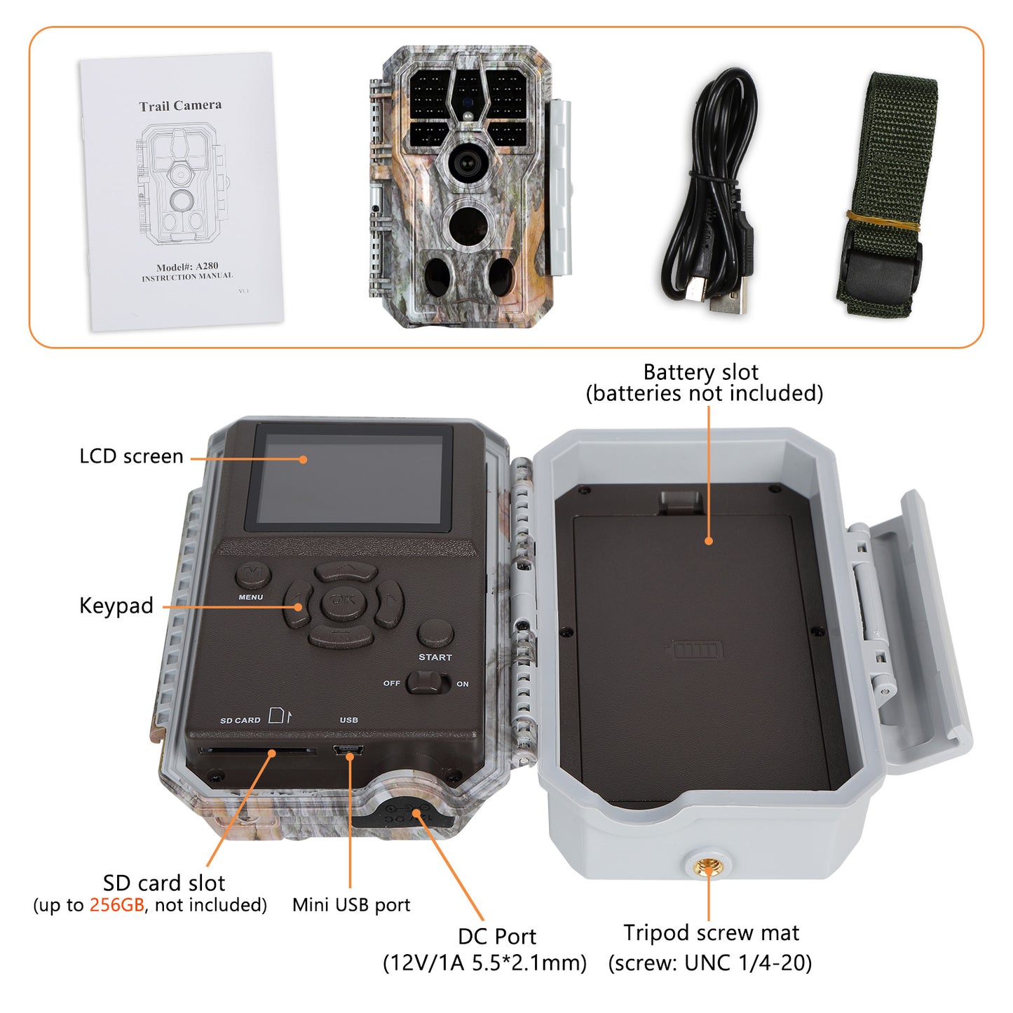 Wildlife Trail Camera with Night Vision Motion Activated 24MP 1296P Waterproof Stealth Camouflage for Hunting, Home Security | A280