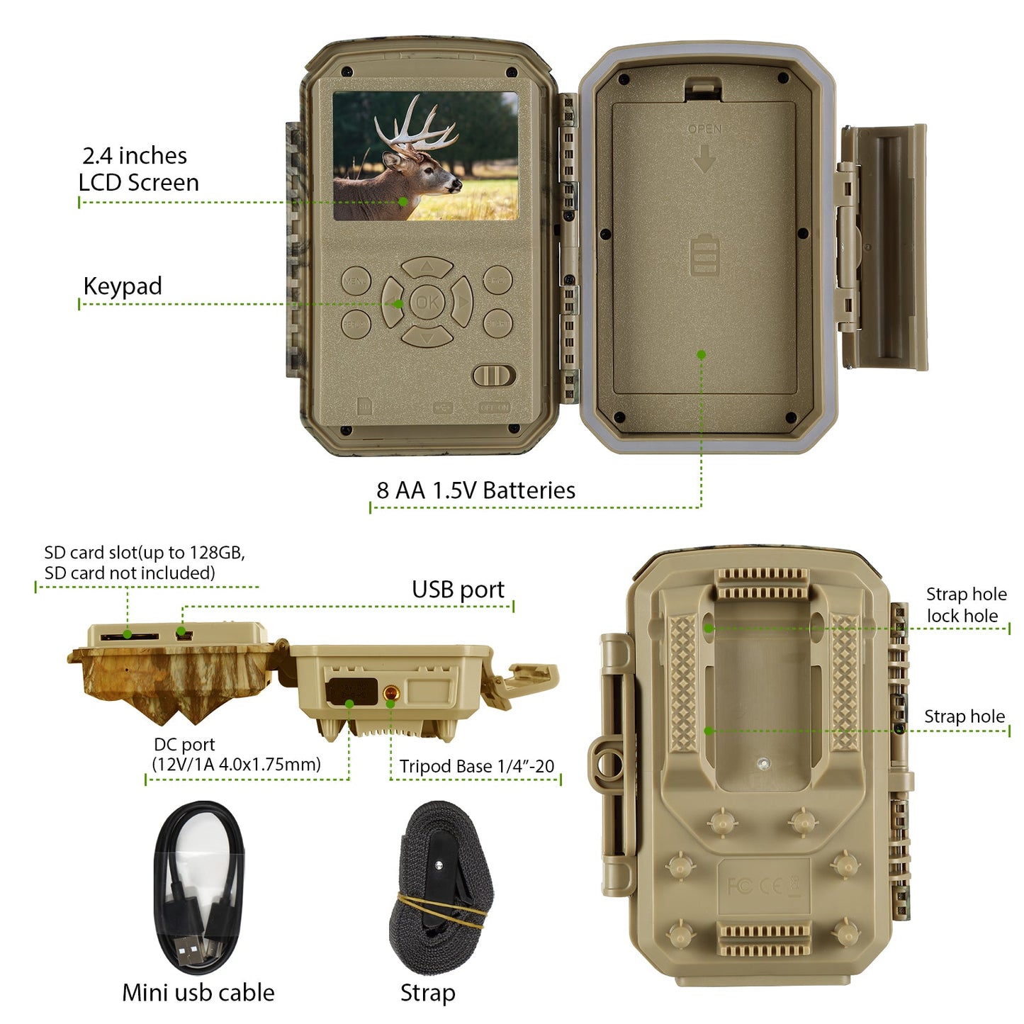 32MP photo 4K 2160P Full HD video Trail camera with audio and motion detector Night vision max. distance up to 100ft, 0.1s trigger speed, Waterproof IP66 | T326 Green