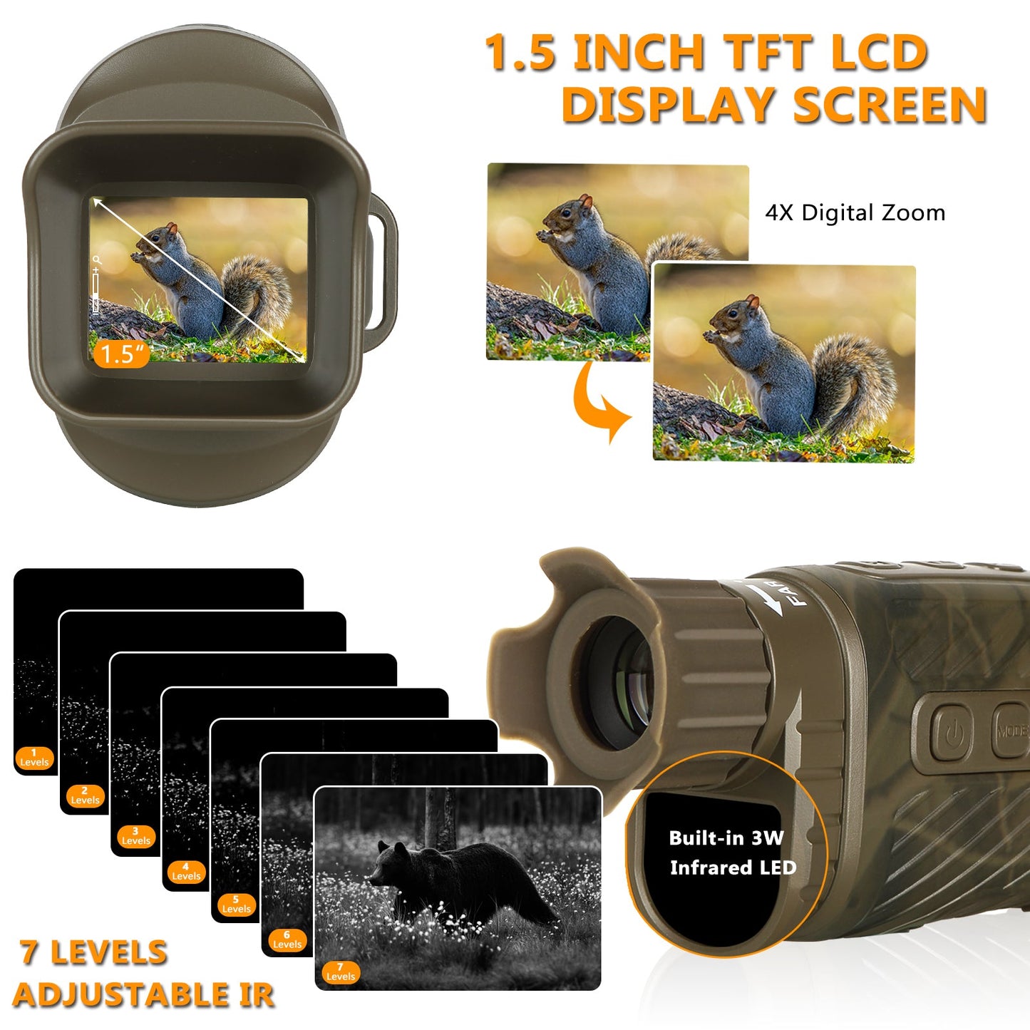 Digital Night Vision Goggles & Monoculars with LCD Screen Tracking up to 200M HD Infrared (IR) with Photo & Video for Spotting, Hunting Wildlife/Brown