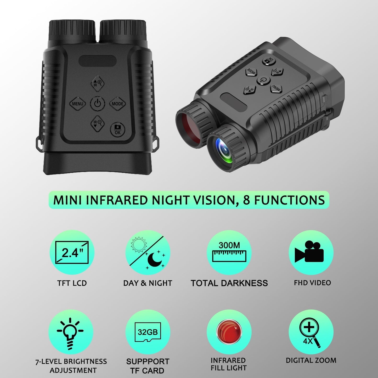 Digital Mini Night Vision Binocular Camera 12MP 1080P Starlight Distance to 300M with 2.4" TFT for Hunting Hiking Camping Climbing