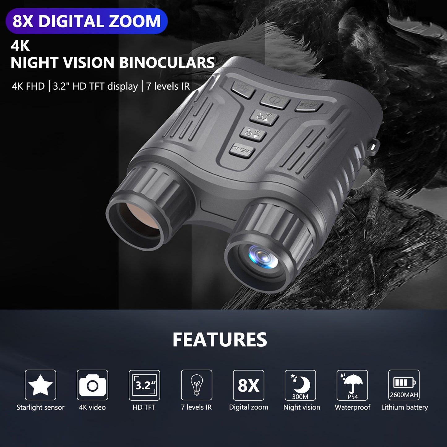 Digital Mini Night Vision Binocular Camera 36MP 4K Starlight Distance to 300M with 3.2" TFT for Hunting Hiking Camping Climbing | NV2180