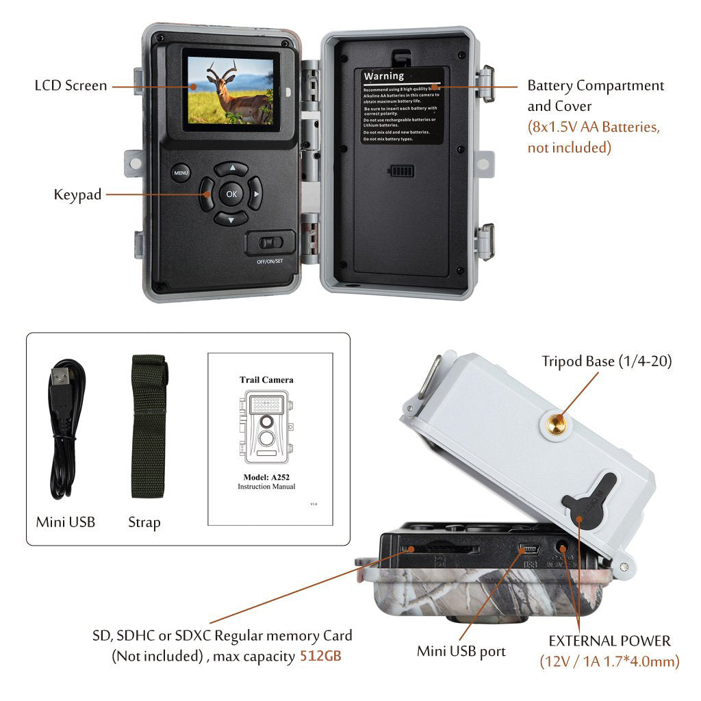 Wildlife Trail Camera with No Glow Night Vision 0.3S Trigger Motion Activated 32MP 1296P IP66 Waterproof for Hunting & Wildlife Observing | A252