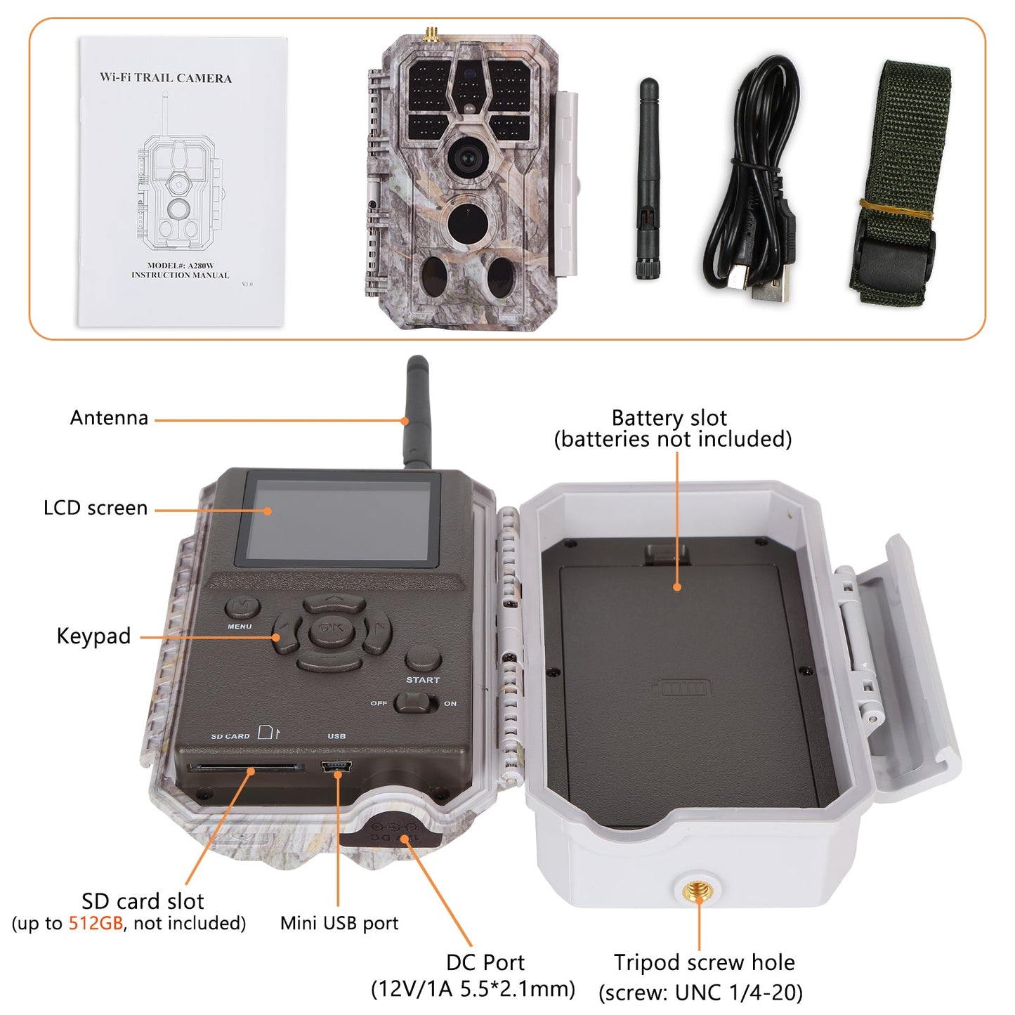 Bundle of Solar Panel and Bluetooth & Wifi Trail Cameras 32MP 1296P with Night Vision for Wildlife Hunting & Home or Backyard Security | A280W