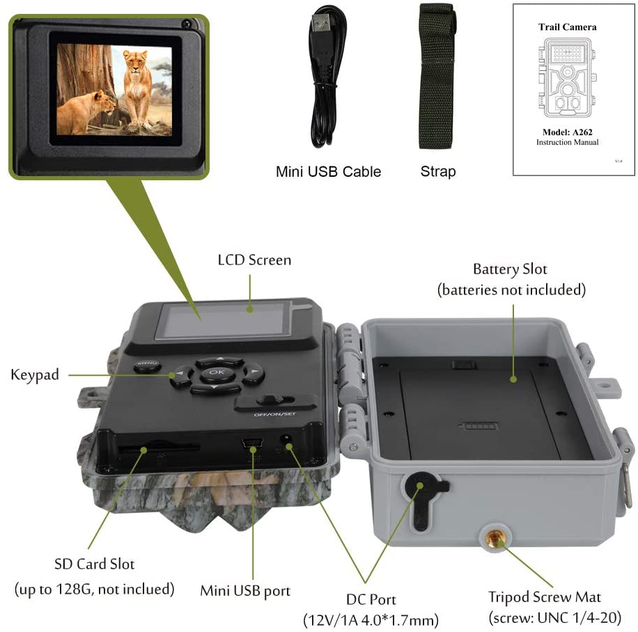 Wildlife Trail Camera with No Glow Night Vision 0.1S Trigger Motion Activated 32MP 1296P IP66 Waterproof for Hunting  | A262