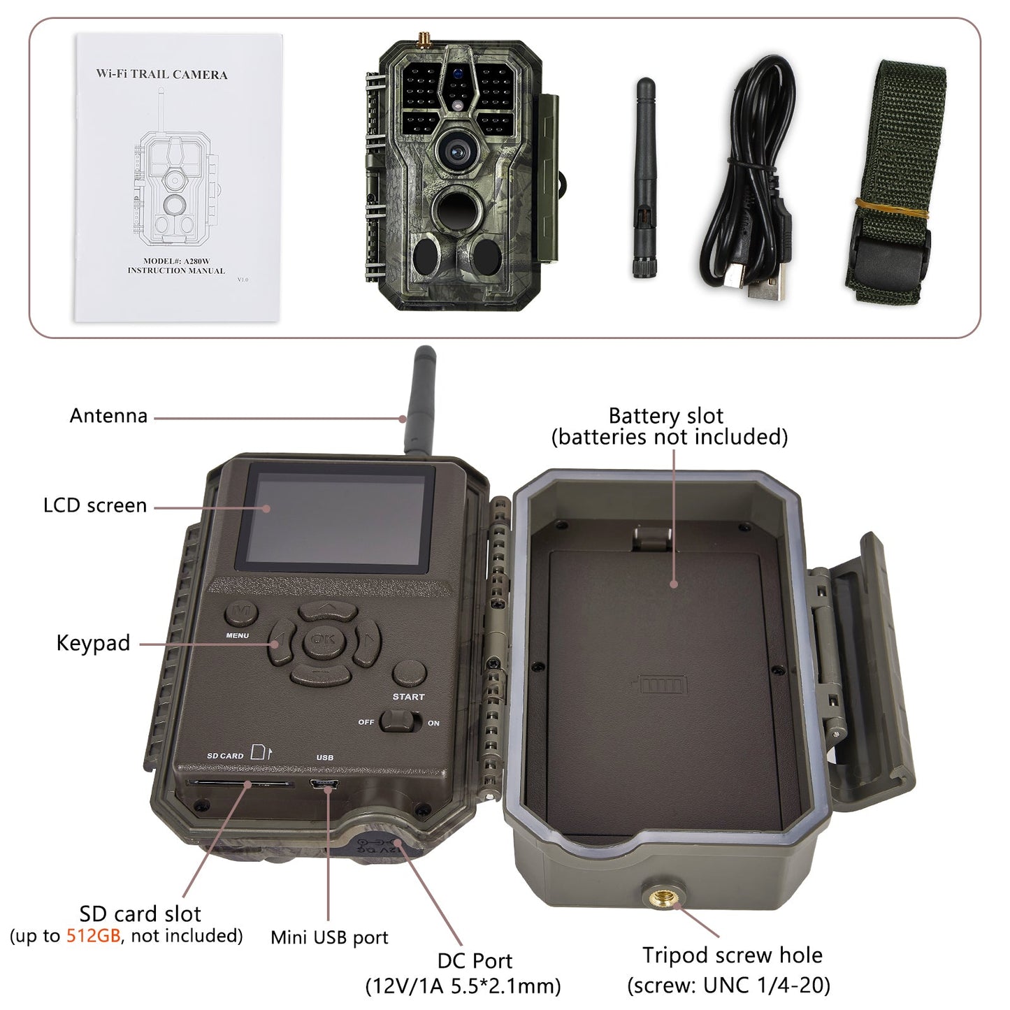 Wireless Bluetooth WiFi Wildlife Trail Camera Night Vision Motion Activated 32MP 1296P Waterproof for Hunting, Home Security | A280W Green