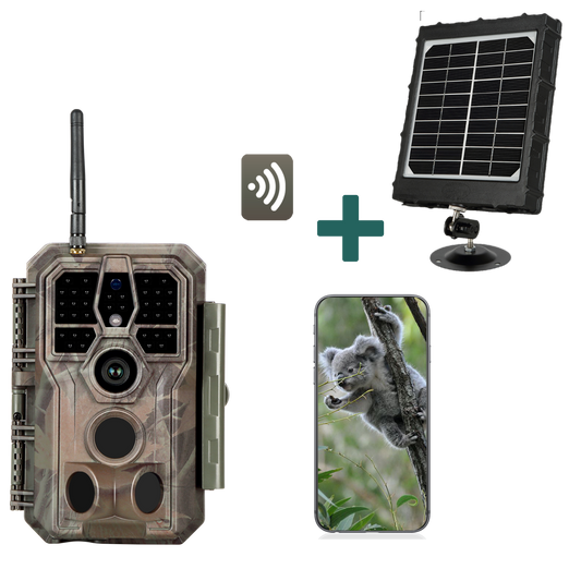 Bundle of Solar Panel and Bluetooth & Wifi Trail Cameras 32MP 1296P with Night Vision for Wildlife Hunting & Home or Backyard Security | A280W