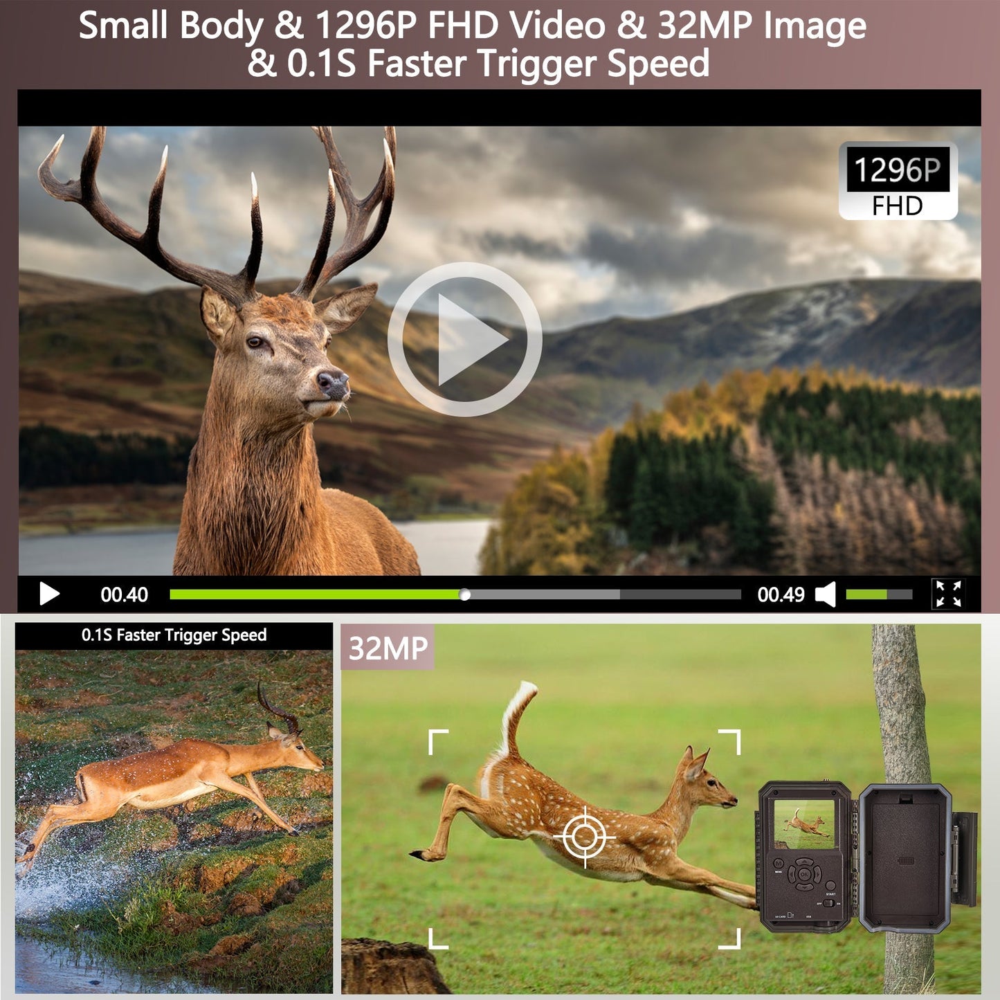 Wireless Bluetooth WIFI Game & Trail Camera Security Camera 32MP Picture 1296P Video Black Flash Wildlife Cam Night Vision Motion Activated Waterproof | A350W Red