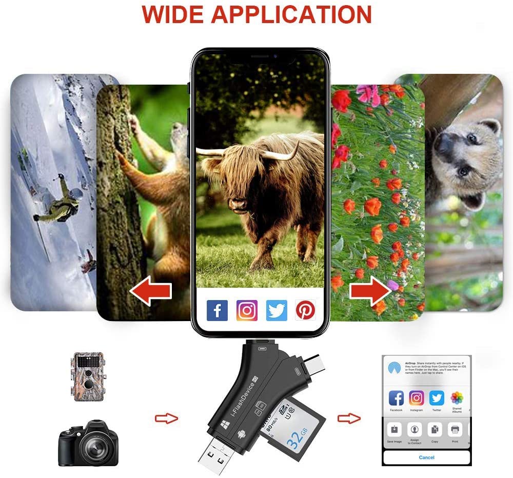 Reader & Adaptator for Trail Camera USB, USB-C, micro-USB, SD Card and lightning *