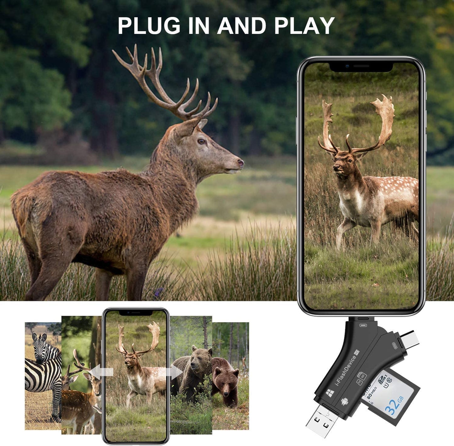 Reader & Adaptator for Trail Camera USB, USB-C, micro-USB, SD Card and lightning *