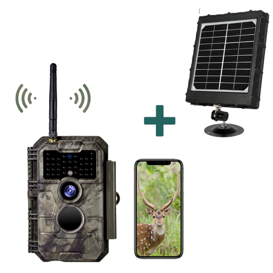 Bundle of Solar Panel and WiFi Game Camera 32MP 1296P Night Vision No Glow Motion Activated for Wildlife Hunting, Home Security | W600 Brown