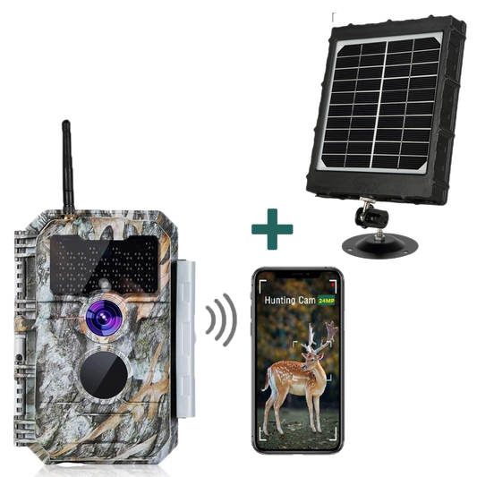 Bundle Wireless WiFi Wildlife Trail Camera with Night Vision Motion Activated 32MP 1296P Waterproof and Solarpanel-Kits 8000mAh | W600